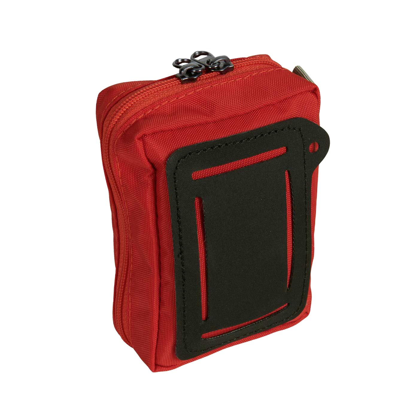 Rückseite des roten Tatonka First Aid XS Erste-Hilfe-Sets mit schwarzem Befestigungsfeld und Reißverschluss oben