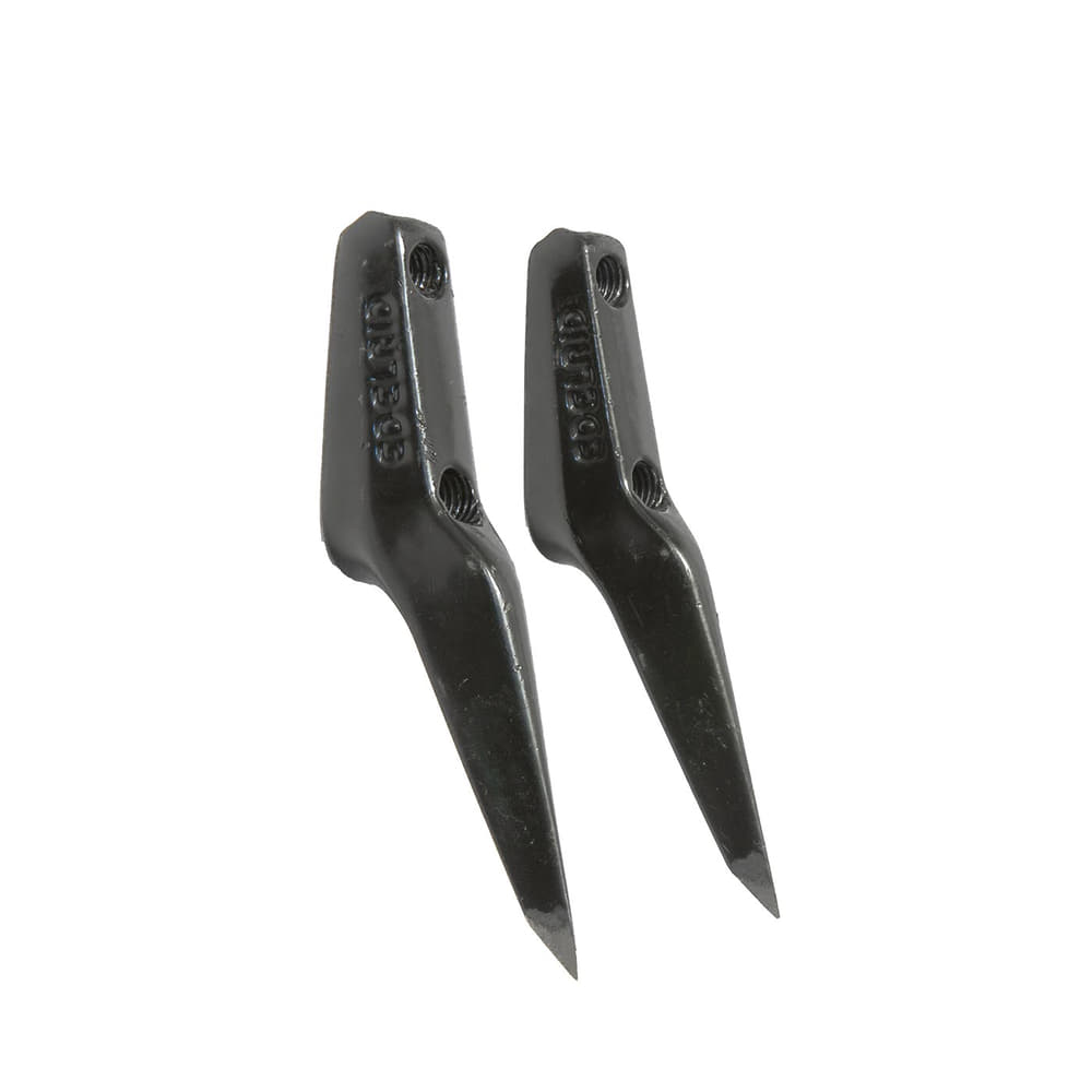Zwei schwarze Talonspikes L aus Metall mit spitz zulaufendem Ende und zwei Schraubenlöchern.