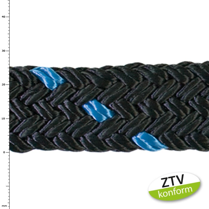 tree save 8 t blau Seil mit schwarzer Flechtung und blauen Markierungen, mit grün-weißem Aufkleber "ZTV konform"