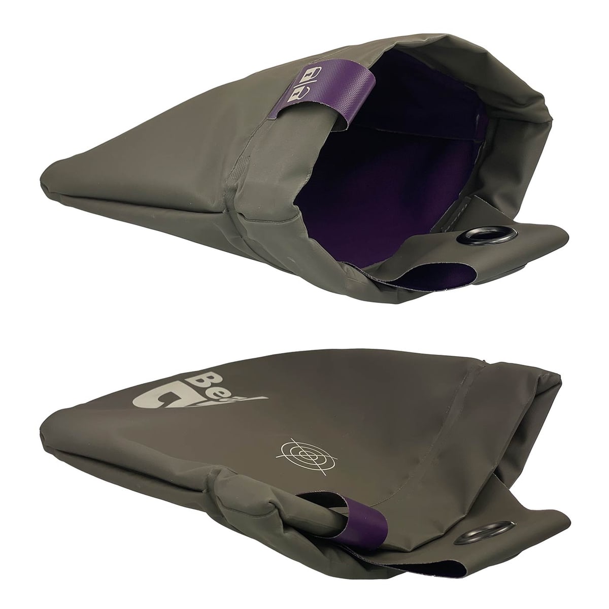 Beal Genius 2 graue Tasche von oben geöffnet, innen violett, mit violettem Verschlussriemen und weißem Logo auf der Vorderseite, mit Zielscheibenmotiv