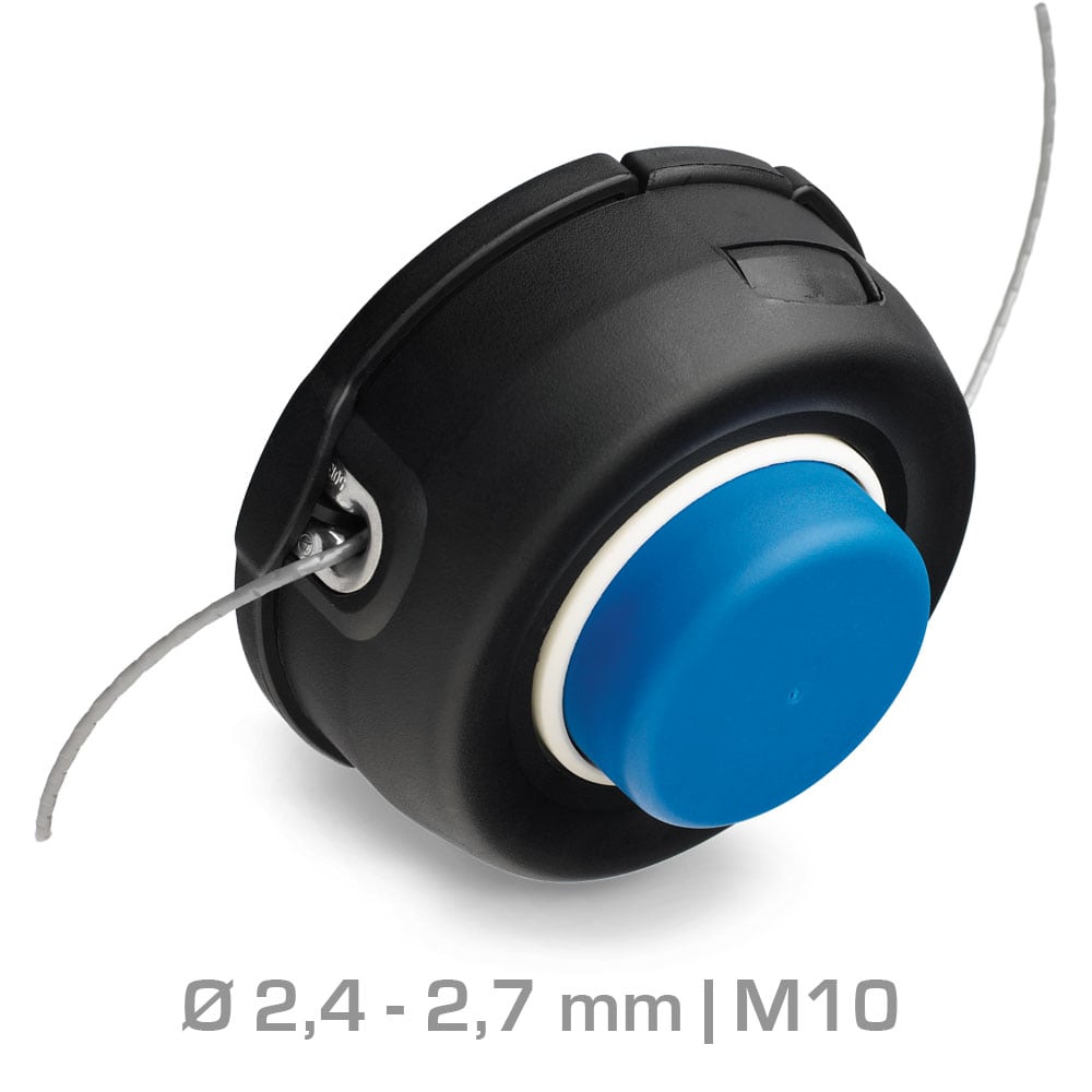 T35X M10 Fadenspule mit schwarzem Gehäuse und blauem Knopf, Fadenführung sichtbar, Durchmesserangabe 2,4 - 2,7 mm