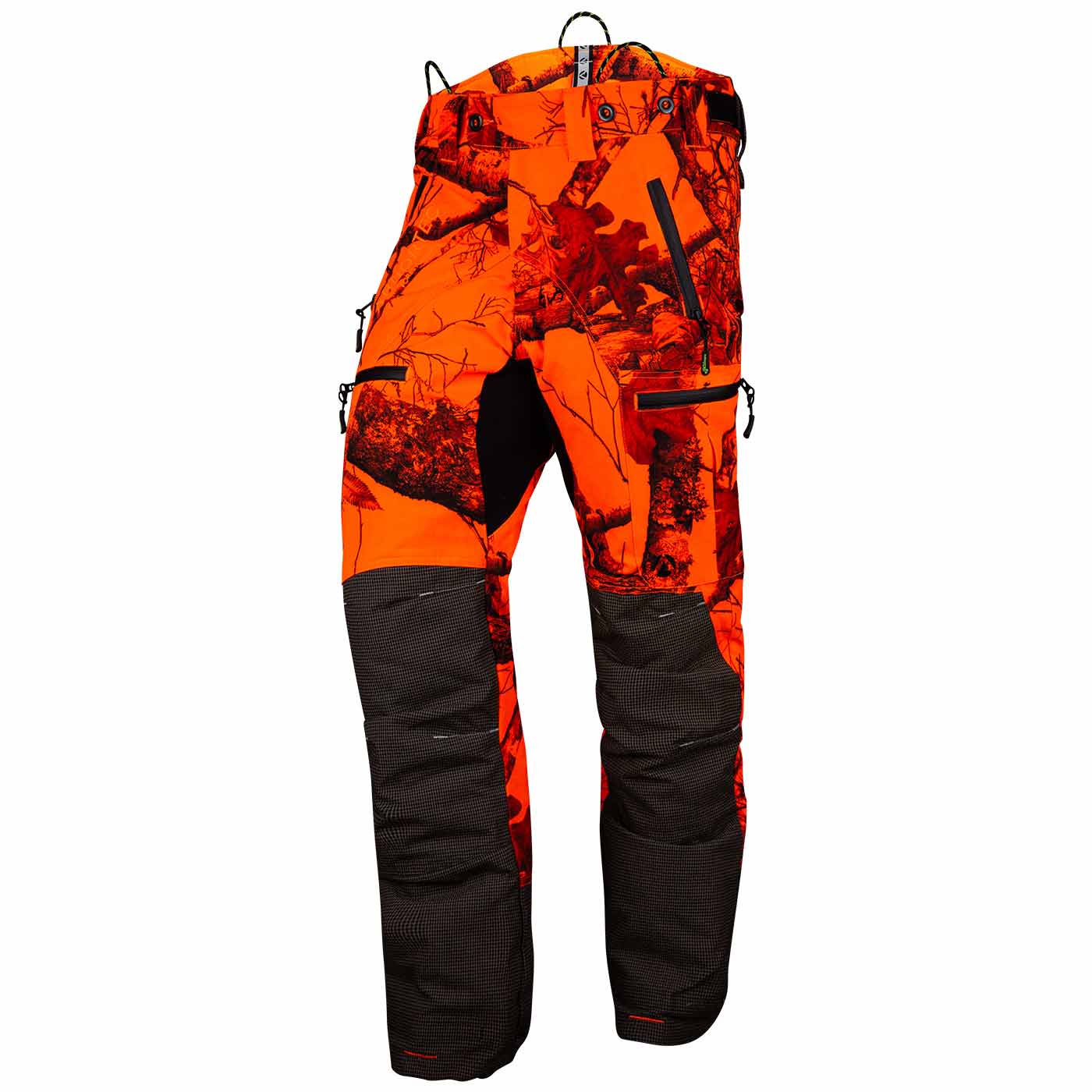 Breatheflex Pro Realtree Hose in Orange mit schwarzem Camouflage-Muster und schwarzen Knieverstärkungen, Rückansicht
