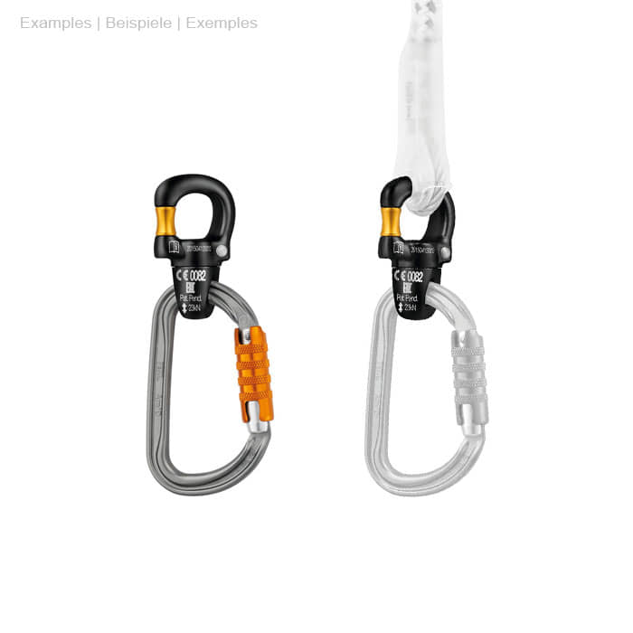 Micro Swivel von Petzl in Schwarz mit goldenem Drehgelenk verbunden mit einem grauen Karabiner, zwei Varianten nebeneinander