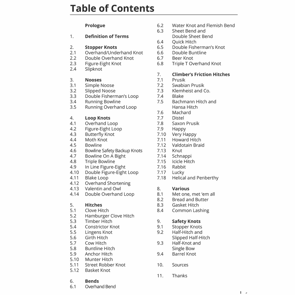 Schwarz-weiße Inhaltsverzeichnis-Seite aus dem Tree Climber's Knotbook mit Kapiteln und Unterkapiteln zu verschiedenen Knotentypen und Techniken