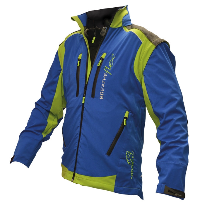 Breatheflex Pro Jacket in blau mit grünen und grauen Akzenten, sichtbare Reißverschlusstaschen vorne und Stehkragen