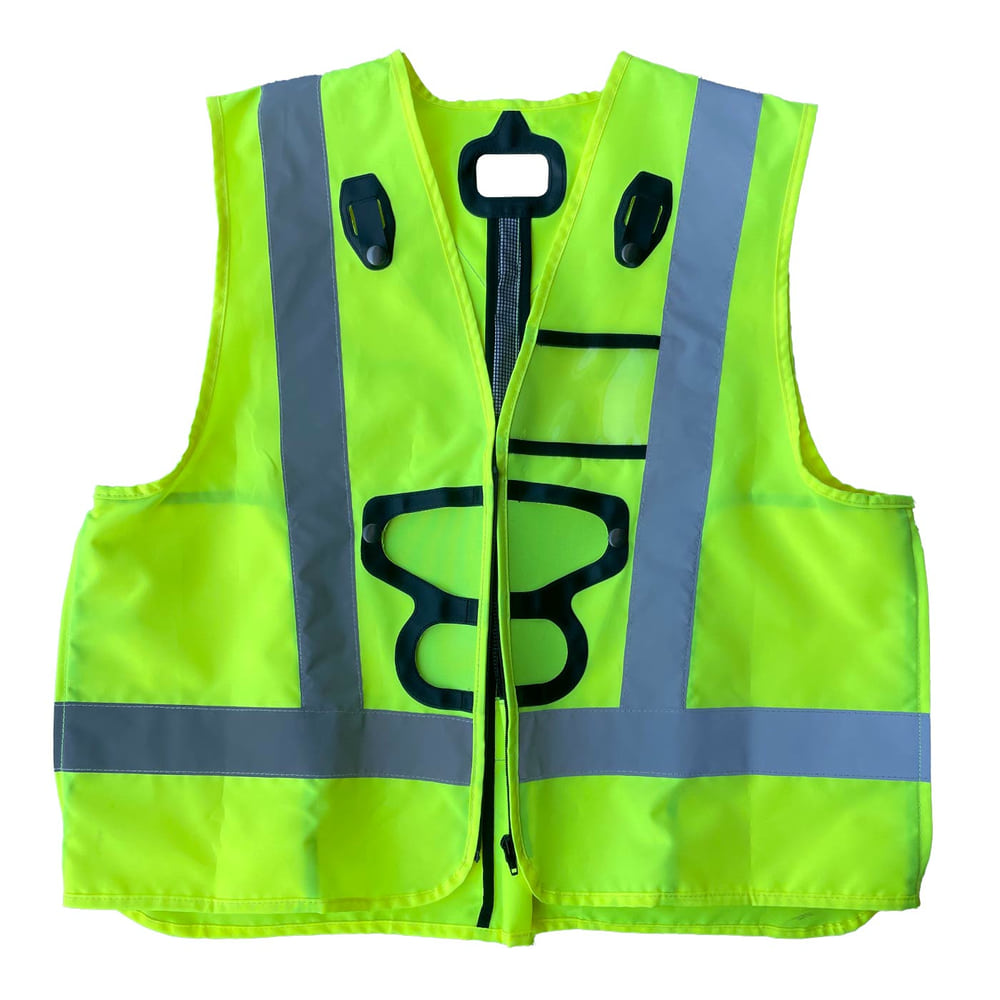 Newton Vest HI-VIZ Warnweste in leuchtgelb mit grauen Reflexstreifen und mehreren schwarzen Halterungen und Taschen