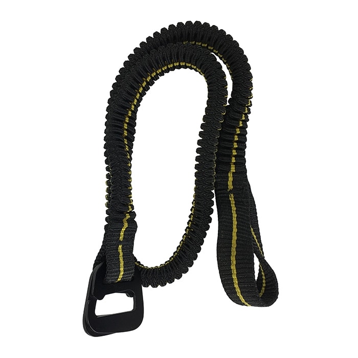 Knee Ascent Bungee, schwarzes elastisches Band mit gelben Streifen und schwarzem Kunststoffverschluss