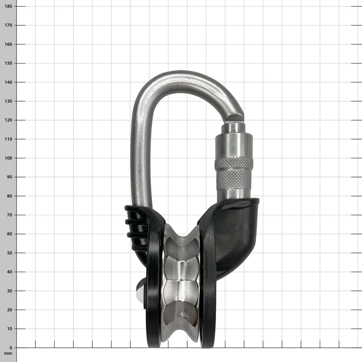 Snatchet 65 Ratchet von Harken mit silbernem Karabiner und schwarzem Kunststoffgehäuse, Seitenansicht