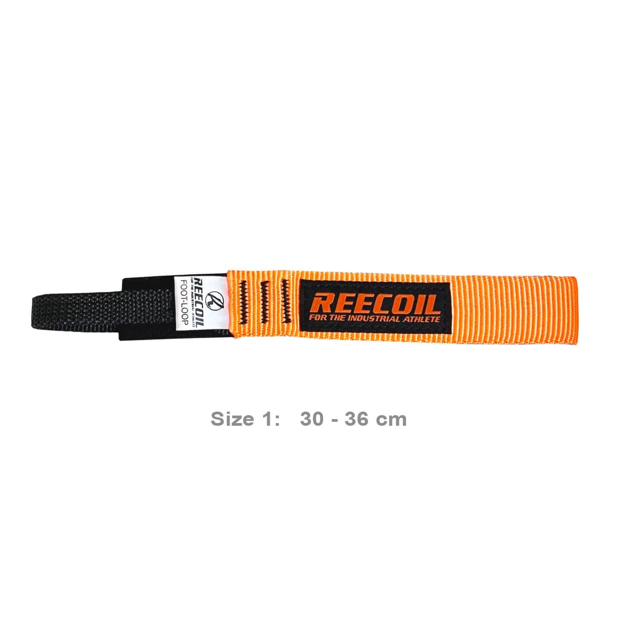 Foot Loop 1 von Reecoil, eine orangefarbene Schlaufe mit schwarzem Ende und Reecoil-Logo, Größe 30-36 cm