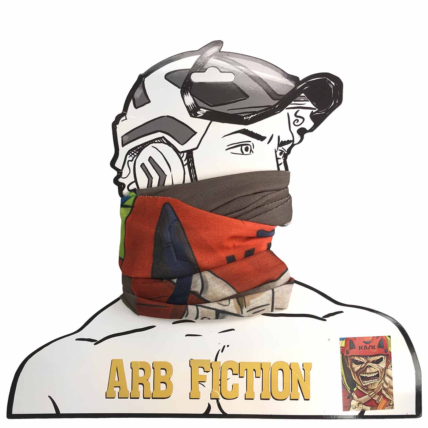 Eddie Schlauchtuch mit rotem Helm-Motiv, an einer Kartonfigur mit ARB FICTION Schriftzug angebracht
