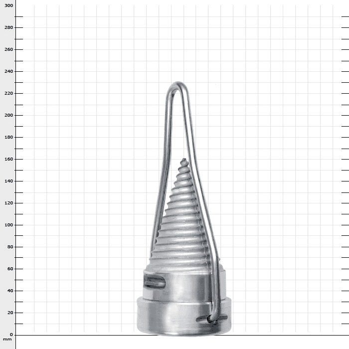 Ratschenkeil aus Metall mit spiralförmigem Kegel und integriertem Bügel von vorne vor kariertem Hintergrund