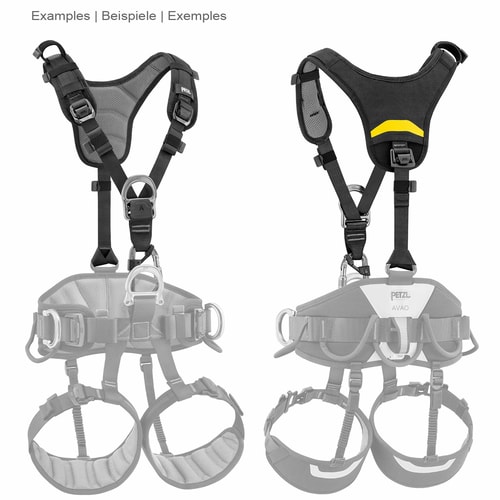 Top von Petzl, zwei Ansichten des schwarzen Schultergurtes mit grauem und gelbem gepolstertem Rückenteil, im Hintergrund grau dargestellt ein kompletter Klettergurt mit Bein- und Hüftgurten