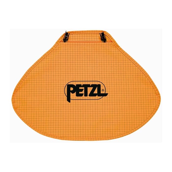 Petzl Nackenschutz in orange mit schwarzem Karomuster und schwarzem Petzl-Logo in der Mitte