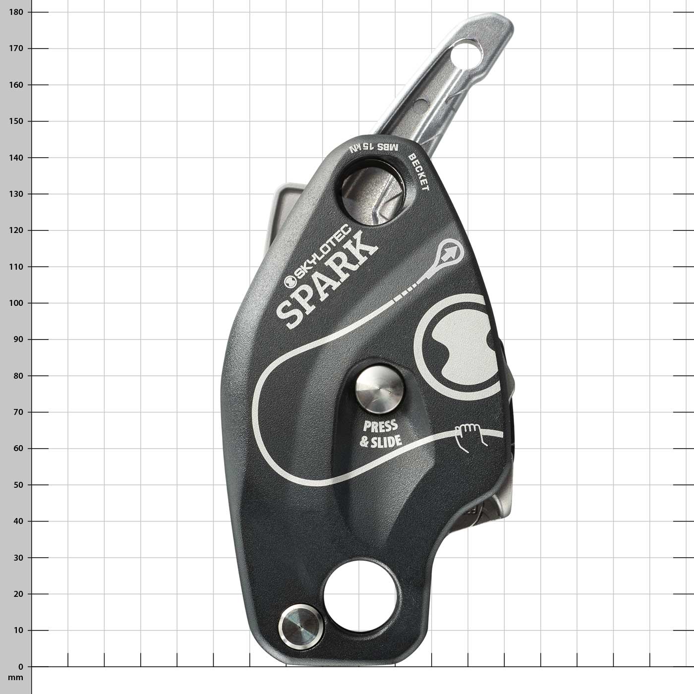 Schwarzes Gerät mit silbernem Hebel und Aufdruck "Skylotec Spark" mit weißen Linien und Symbolen, Knopf mit der Aufschrift "Press & Slide"