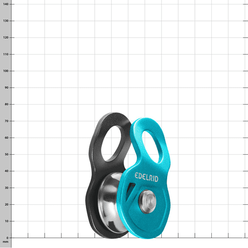 Edelrid Flux, Seilrollelement mit blauem vorderem Teil und schwarzem hinterem Teil, mit Metallachse und rundem Loch oben