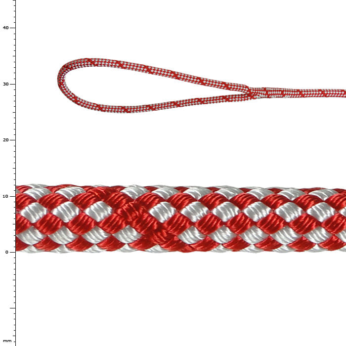 Sirius Bull Rope 12 S, rotes und weißes geflochtenes Seil mit Schlaufe am Ende
