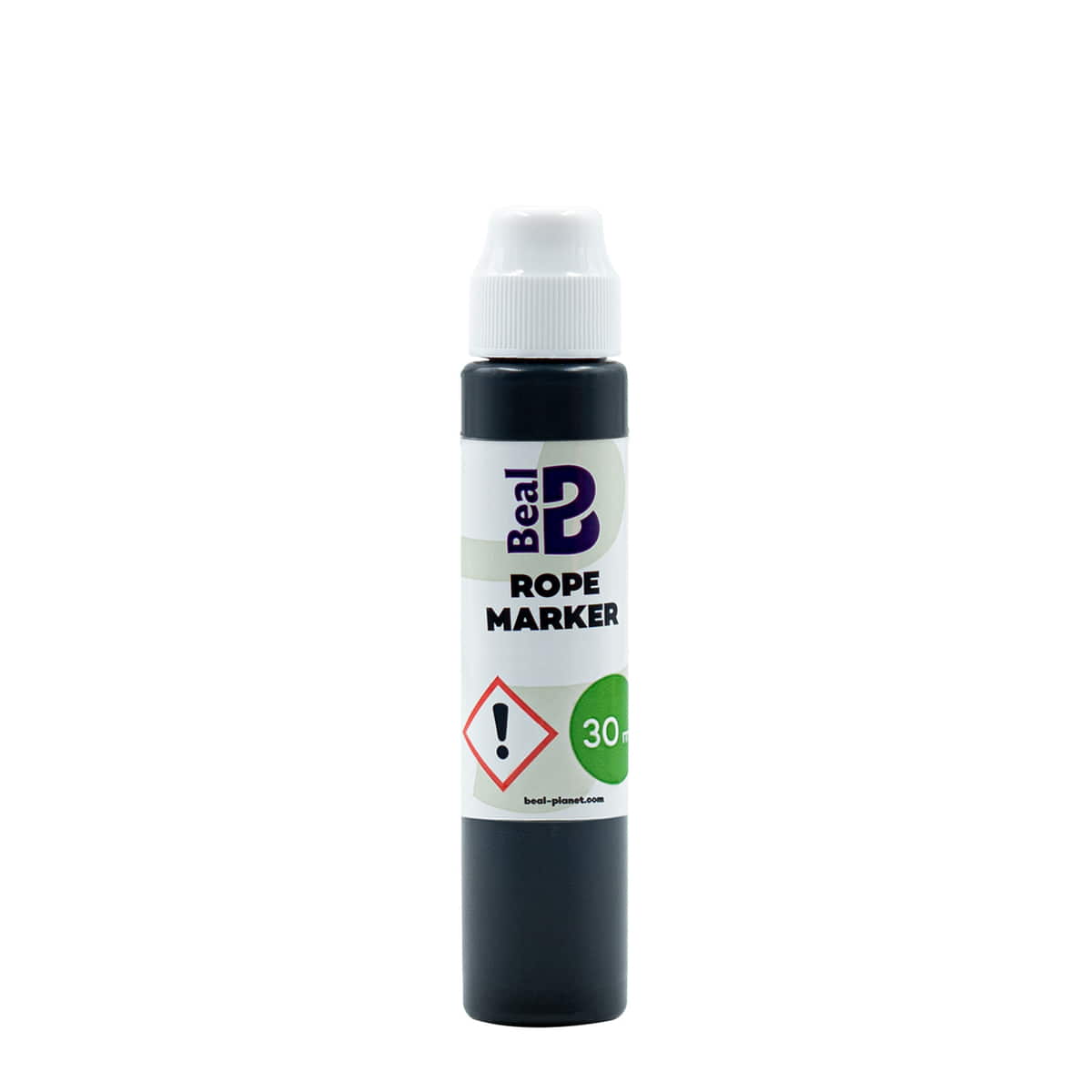 Beal Rope Marker Flasche mit weißem Deckel und schwarzem Körper, 30 ml Inhalt, auf weißem Hintergrund