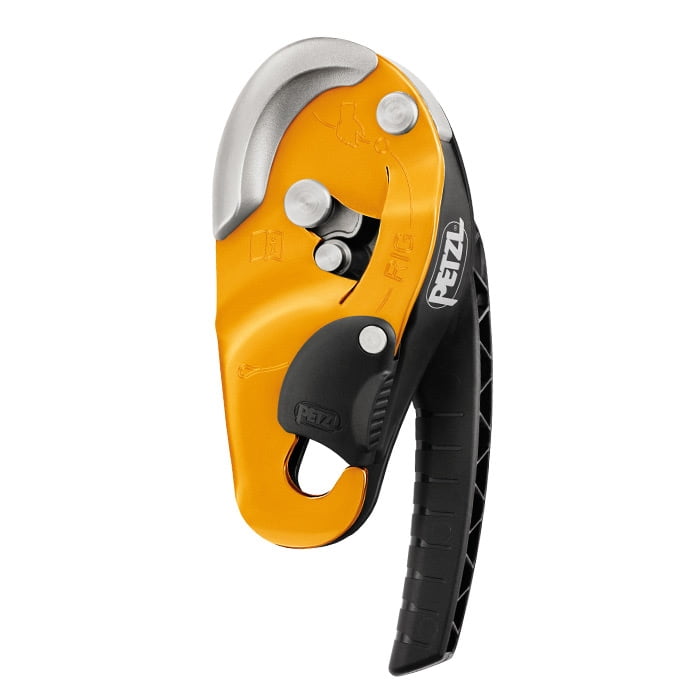 RIG von Petzl, gelb-schwarzes Sicherungsgerät mit Hebel und Metallteilen