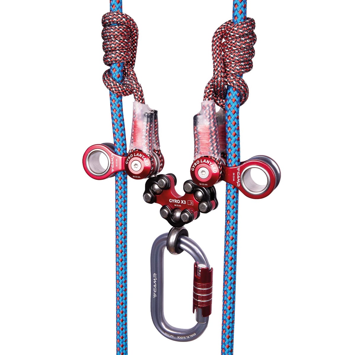 Gyro Lanyard Double mit blauen und roten Kletterseilen, roten Metallrollen, schwarzem Schutzüberzug und grauem Karabiner mit rotem Verschluss