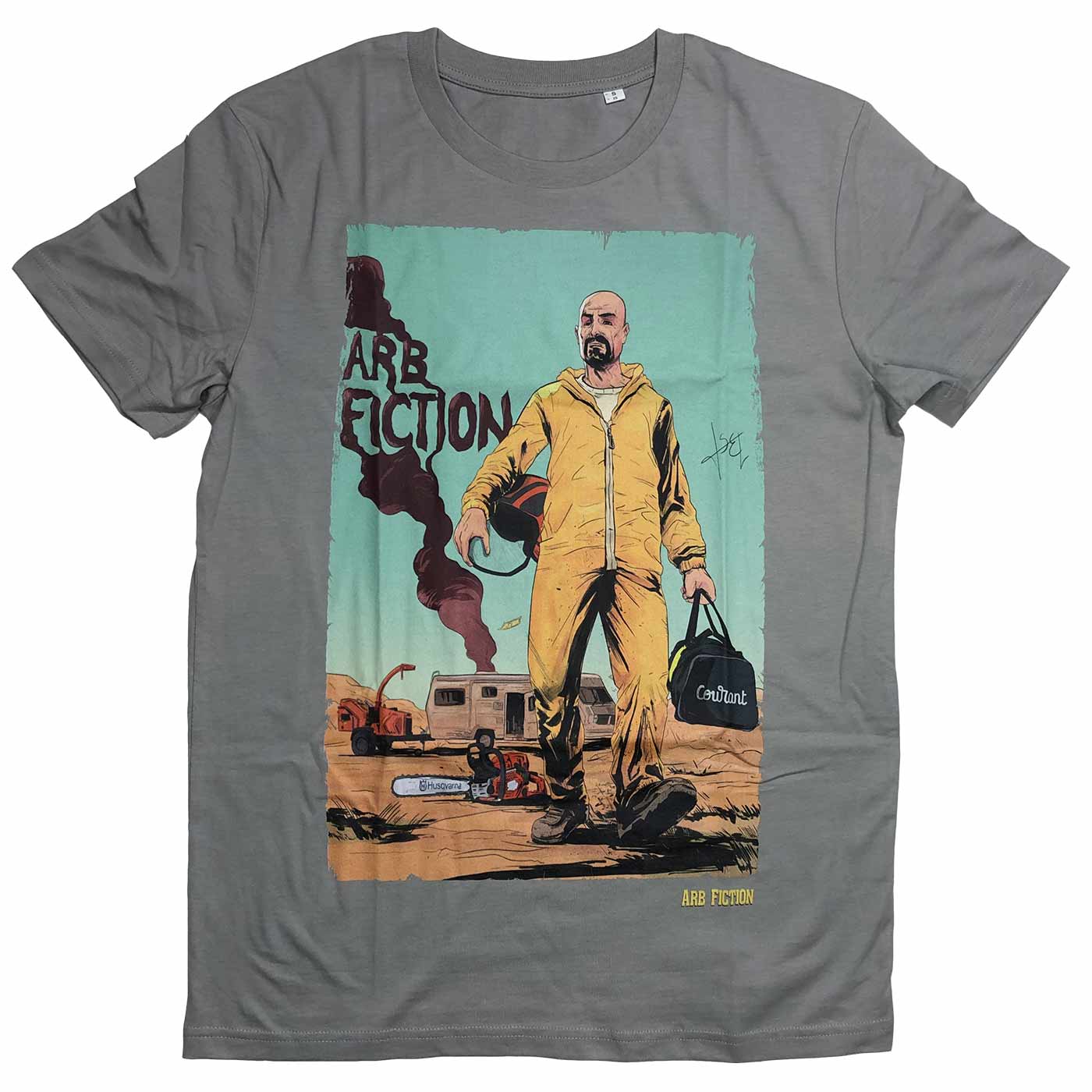 Breaking Bad T-Shirt grau mit Aufdruck eines Mannes in gelbem Schutzanzug, der einen Helm und eine Tasche hält, Herstellername nicht sichtbar