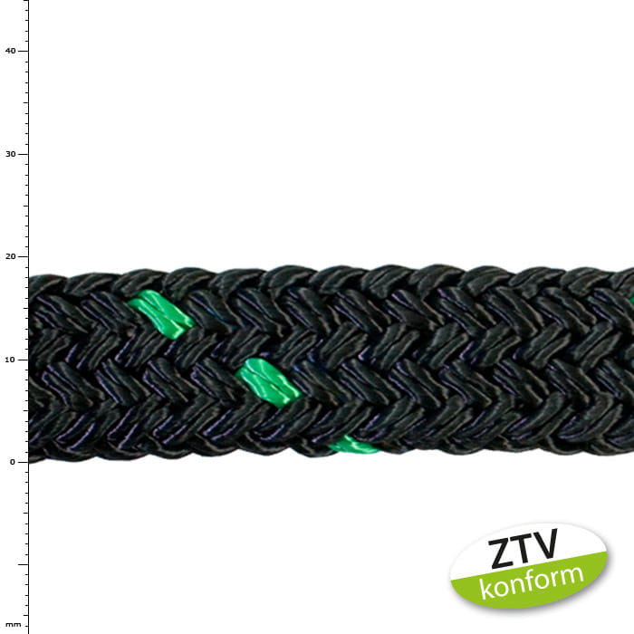tree save 4 t grün, schwarzes geflochtenes Seil mit grünen Akzenten und ZTV-konform-Label
