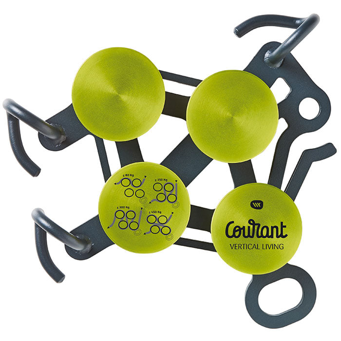 Hulk Produkt mit grünen runden Elementen und schwarzem Metallrahmen, darauf die Aufschrift "Courant VERTICAL LIVING" und Symbole