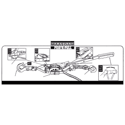Schwarz-weiße technische Zeichnung eines Rope Pullers mit der Aufschrift "MAASDAM POWER PULL" und mehreren Detailansichten von Haken, Hebel und Seilenden