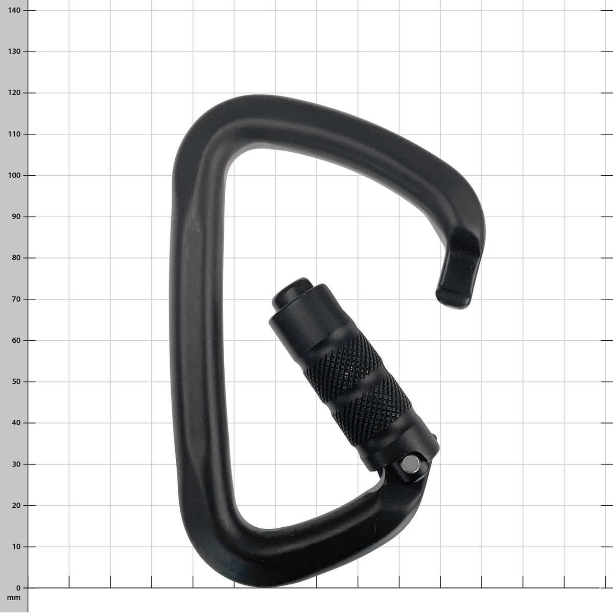 Marmolada Big D Karabiner in Schwarz mit offenem Schraubverschluss, Ansicht von vorne leicht schräg