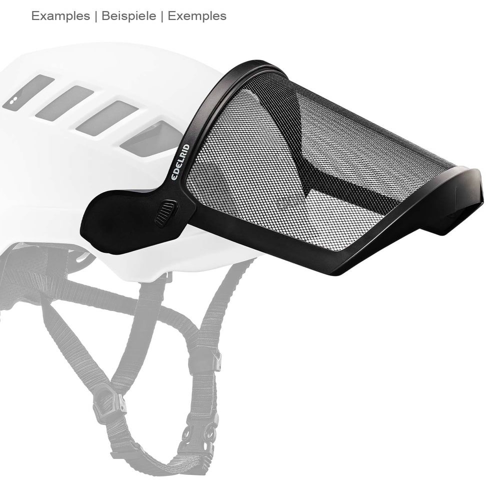 Edelrid Visor Mesh mit schwarzem Rahmen und Netzgewebe in seitlicher Ansicht am weißen Helm befestigt
