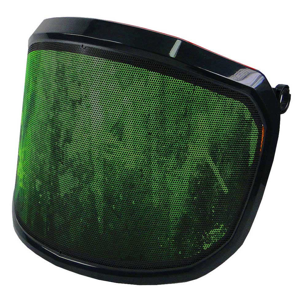 PROTOS® Visier Special Edition grün-schwarzes Visier mit sechseckigem Wabenmuster und schwarzem Rahmen, seitliche Ansicht