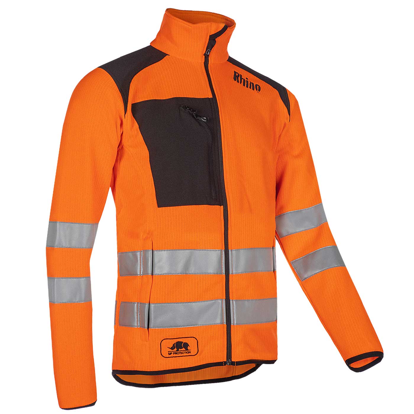 Tundra Flash Jacke in Orange mit reflektierenden Streifen, schwarzer Brusttasche und Reißverschluss, Hersteller Rhino, Typ nicht sichtbar