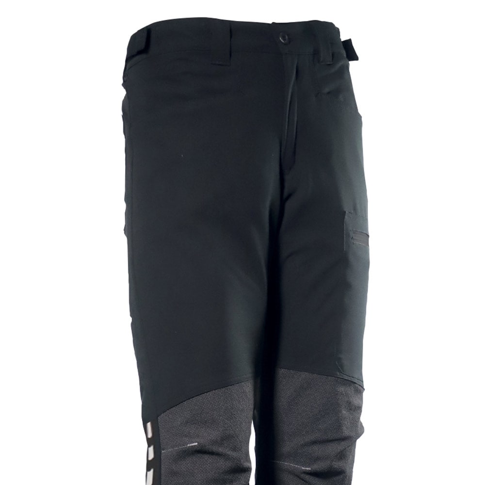 Schwarze Arbeitshose Arborflex Skins Storm mit Gürtel- und Hosentaschen, verstärkten Knien und seitlicher Aufschrift "Storm"