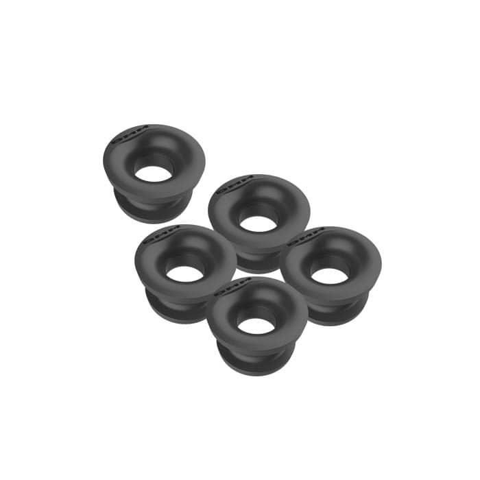 Fünf schwarze Grommet-Teile mit der Aufschrift "DMM" auf weißem Hintergrund, Produktname Grommet