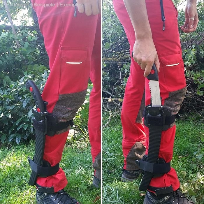 Person trägt rote Hose und schwarzes Schuhwerk, an rechtem Bein ist der Talon Mount mit schwarzer Handsäge befestigt