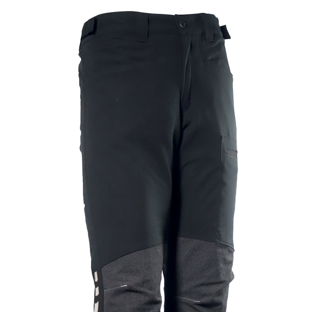 Schwarze Arbeitshose Arborflex Skins Storm mit Gürtel- und Hosentaschen, verstärkten Knien und seitlicher Aufschrift "Storm"