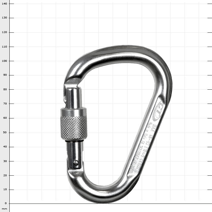 Tofana HMS Screw Karabiner aus Metall mit Schraubverschluss, silberfarben, vor weißem Hintergrund mit Maßangaben