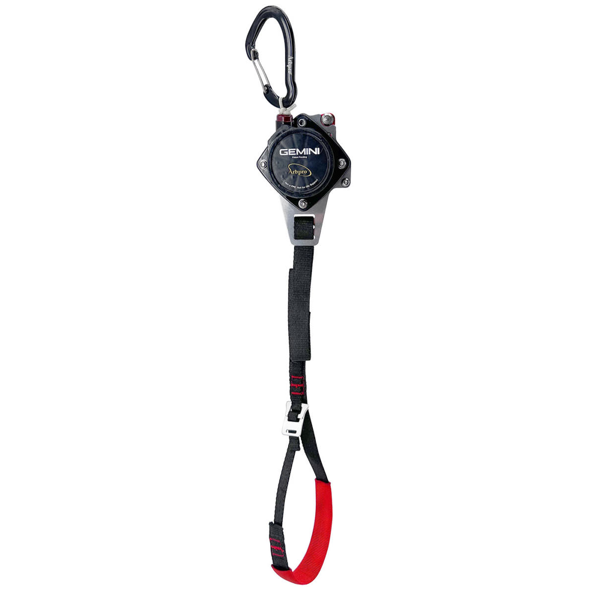 Gemini Knee, ein Sicherungsgerät mit schwarzem Karabiner, rundem schwarzen Gehäuse mit weißer Aufschrift und schwarzem Gurt mit rotem Ende