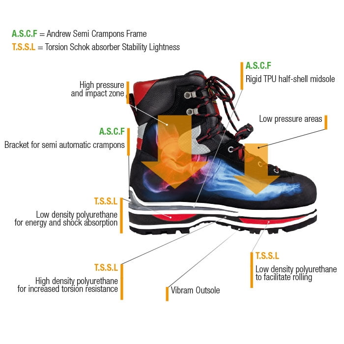 Illustration des Cervino Wood EZloop Bergstiefels von Andrew mit Beschriftungen zu Materialien und technischen Details wie A.S.C.F und T.S.S.L in verschiedenen Farben auf weißem Hintergrund