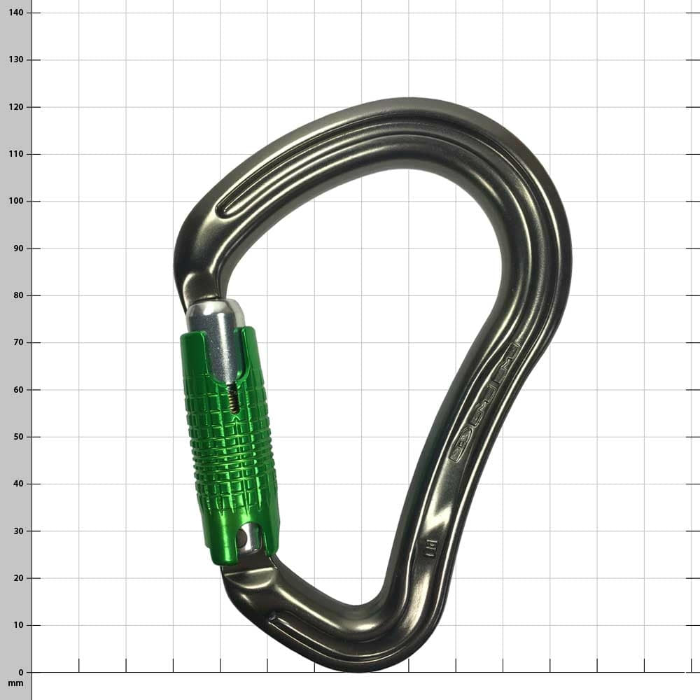 BOA Karabiner aus Metall mit grünem Verschlussmechanismus und glatter Oberfläche