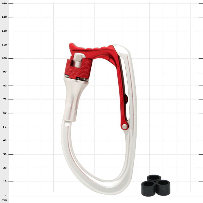 Vault Lock Karabiner in Silber und Rot mit drei kleinen schwarzen Gummiringen
