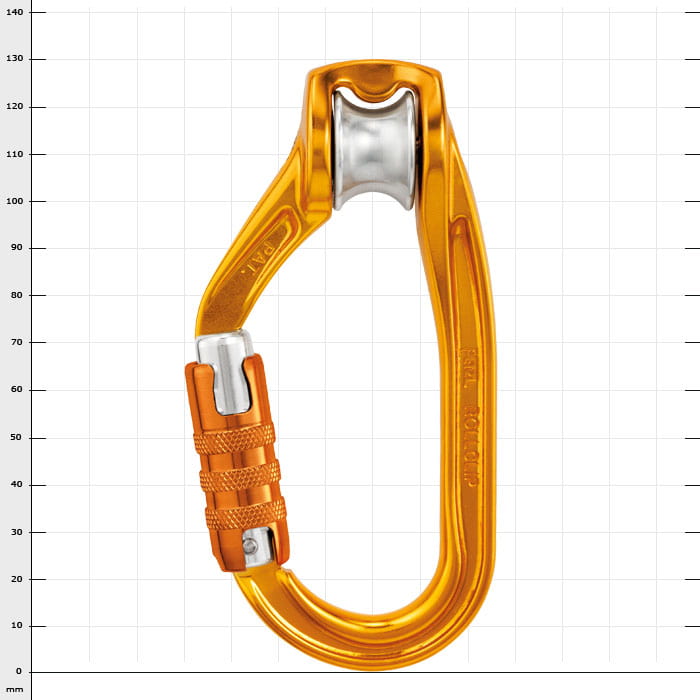 Rollclip A Triact-Lock Karabiner in orange mit silberner Rolle und orangefarbener Sicherungsschraube
