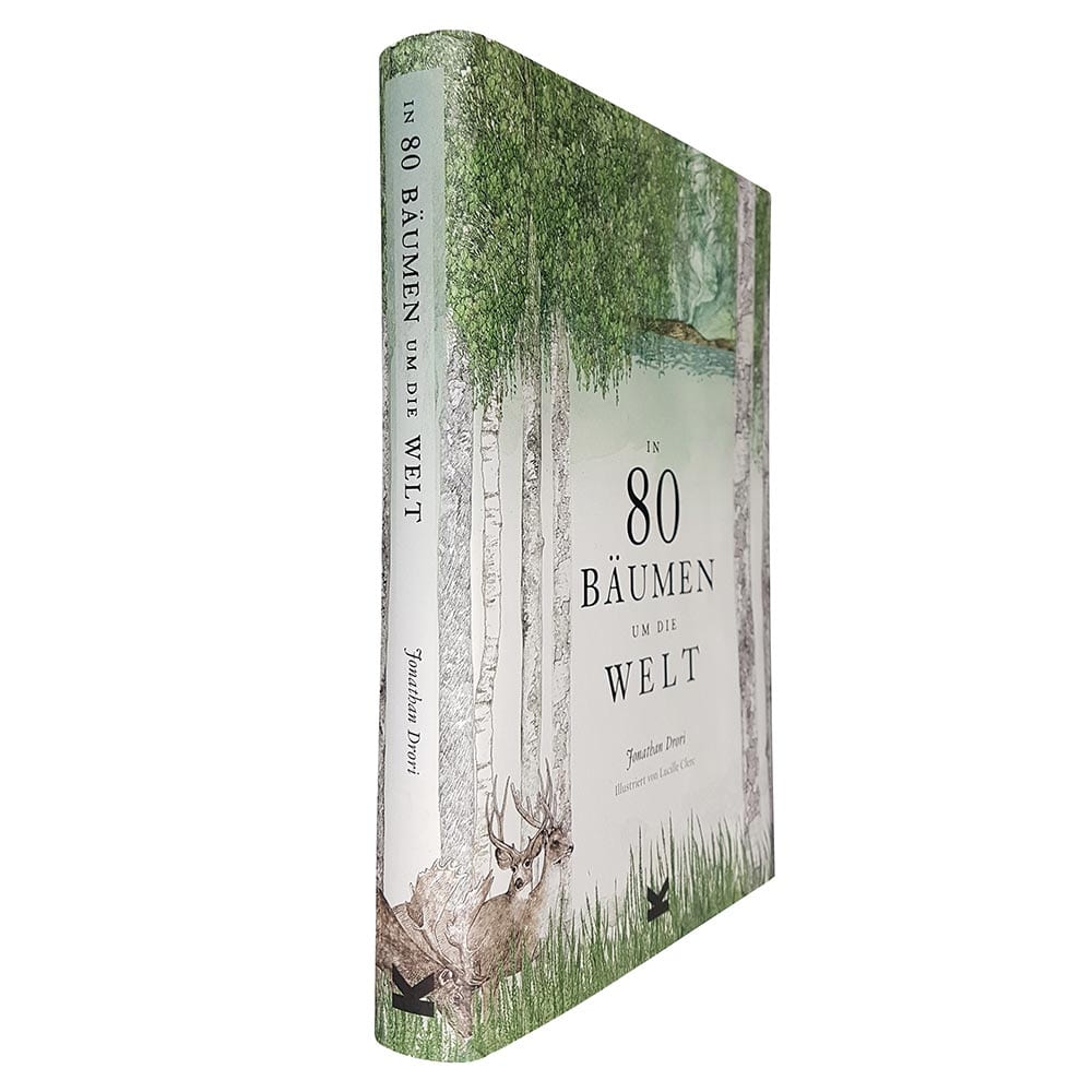 Buch "In 80 Bäumen um die Welt" mit grünem Baumkronen-Motiv auf dem Buchrücken und gleichem Cover wie auf dem ersten Bild
