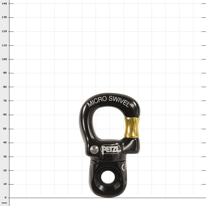 Micro Swivel von Petzl in Schwarz mit goldenem Drehgelenk und weißer Beschriftung