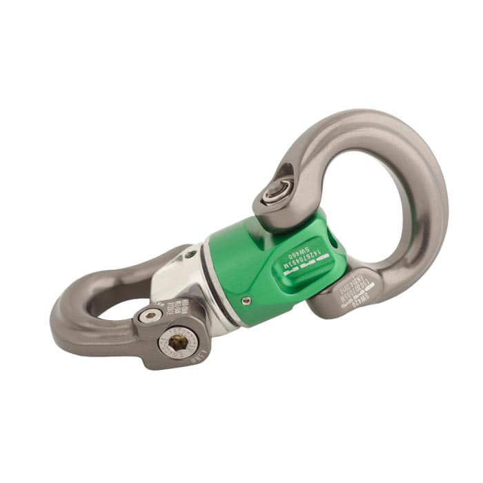 Mini-Swivel Nexus 1, ein drehbarer Karabinerhaken mit grünem Mittelteil und silbernen Haken, seitlich fotografiert auf weißem Hintergrund
