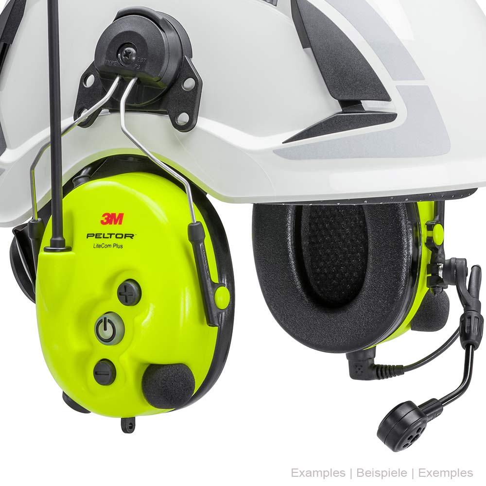 3M Peltor Lite Com Plus gelber Gehörschutz mit Mikrofon und Antenne, am weißen Helm befestigt, Nahaufnahme