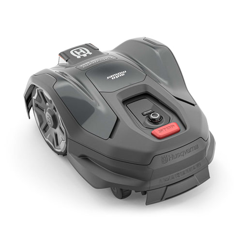 Grauer Husqvarna 310E Nera Mähroboter von oben mit rotem Stop-Knopf und Husqvarna-Schriftzug