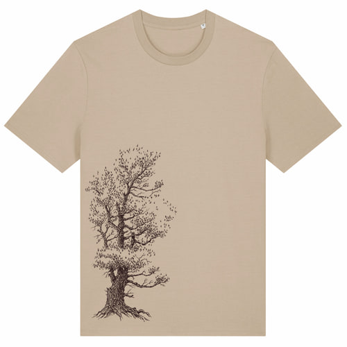 Stone Pine Tree T-Shirt in beige mit schwarzem Baum-Design auf der Vorderseite