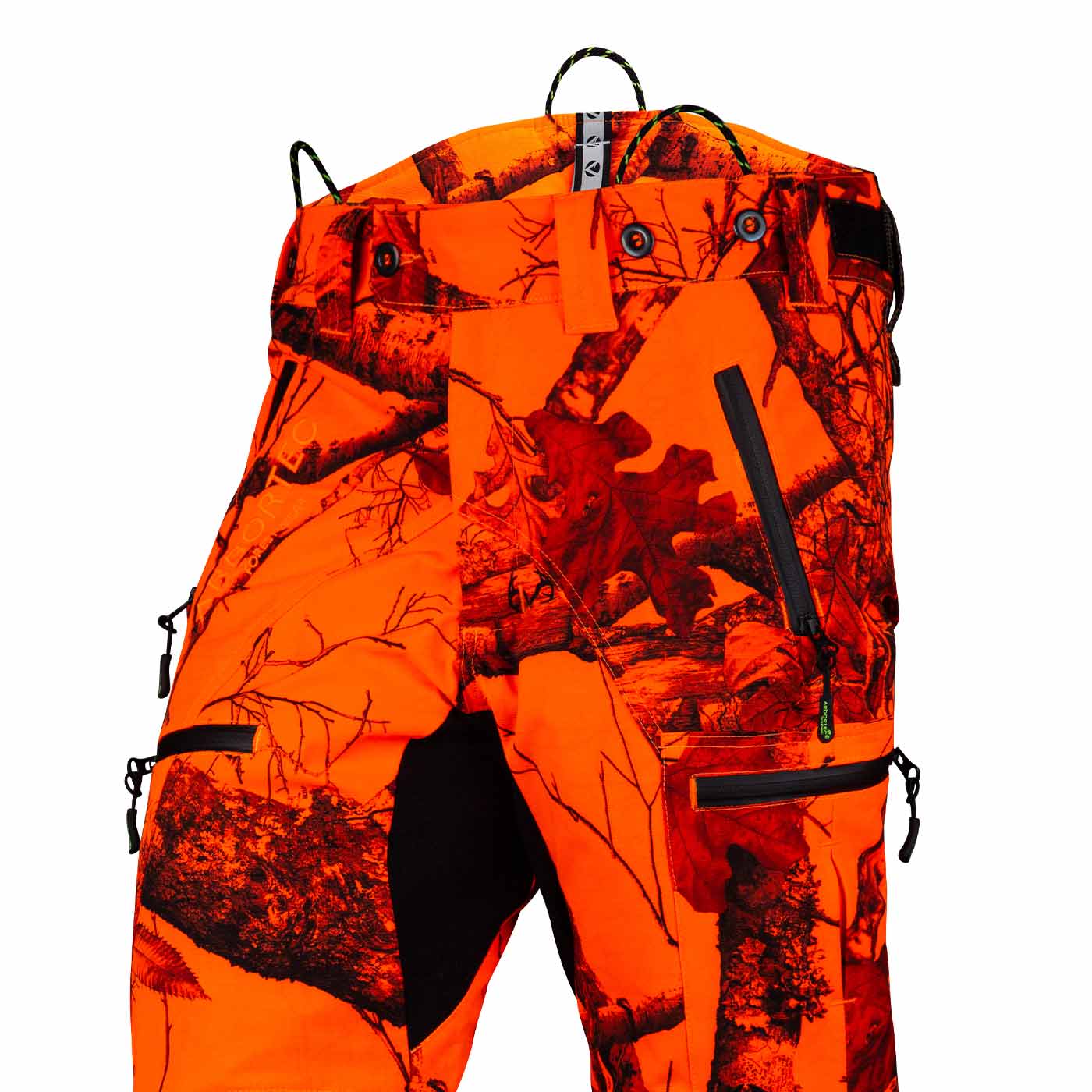 Breatheflex Pro Realtree Hose in Orange mit schwarzem Camouflage-Muster und schwarzen Knieverstärkungen, Rückansicht mit mehreren Reißverschlusstaschen