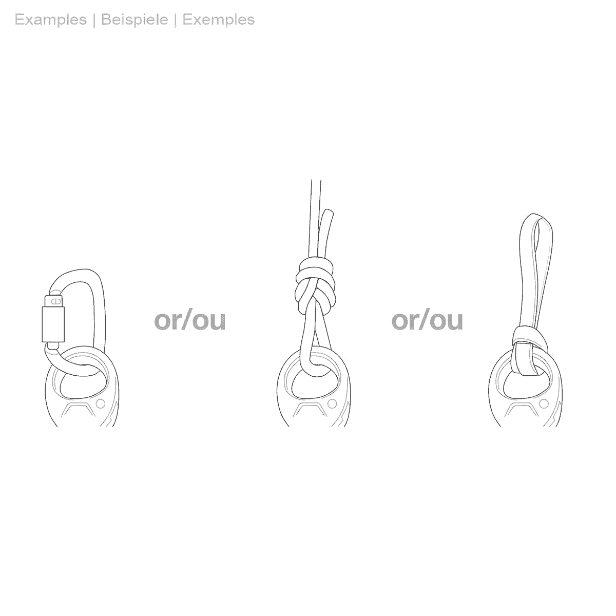Schwarz-weiße technische Zeichnung mit drei Varianten zur Befestigung der Petzl Pro Traxion Seilrolle an einem Karabiner oder Seilende