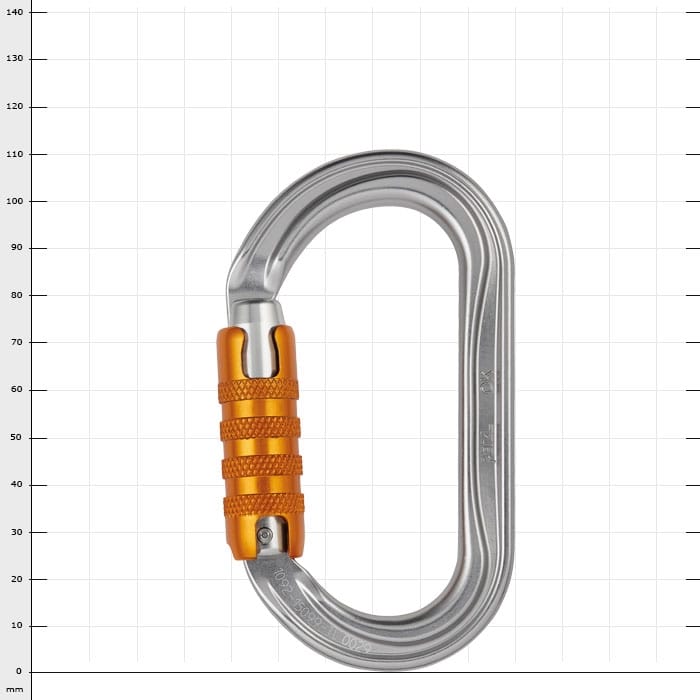 OK Triact, Karabiner mit silbernem Körper und orangefarbenem Schraubverschluss